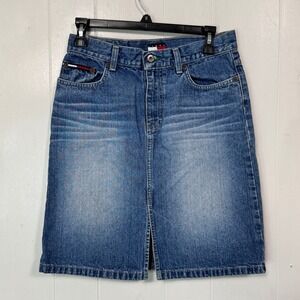 Tommy Jeans Denim Skirt Juniors Size 5 Blue Jean Midi Rise Wash Casual Pockets